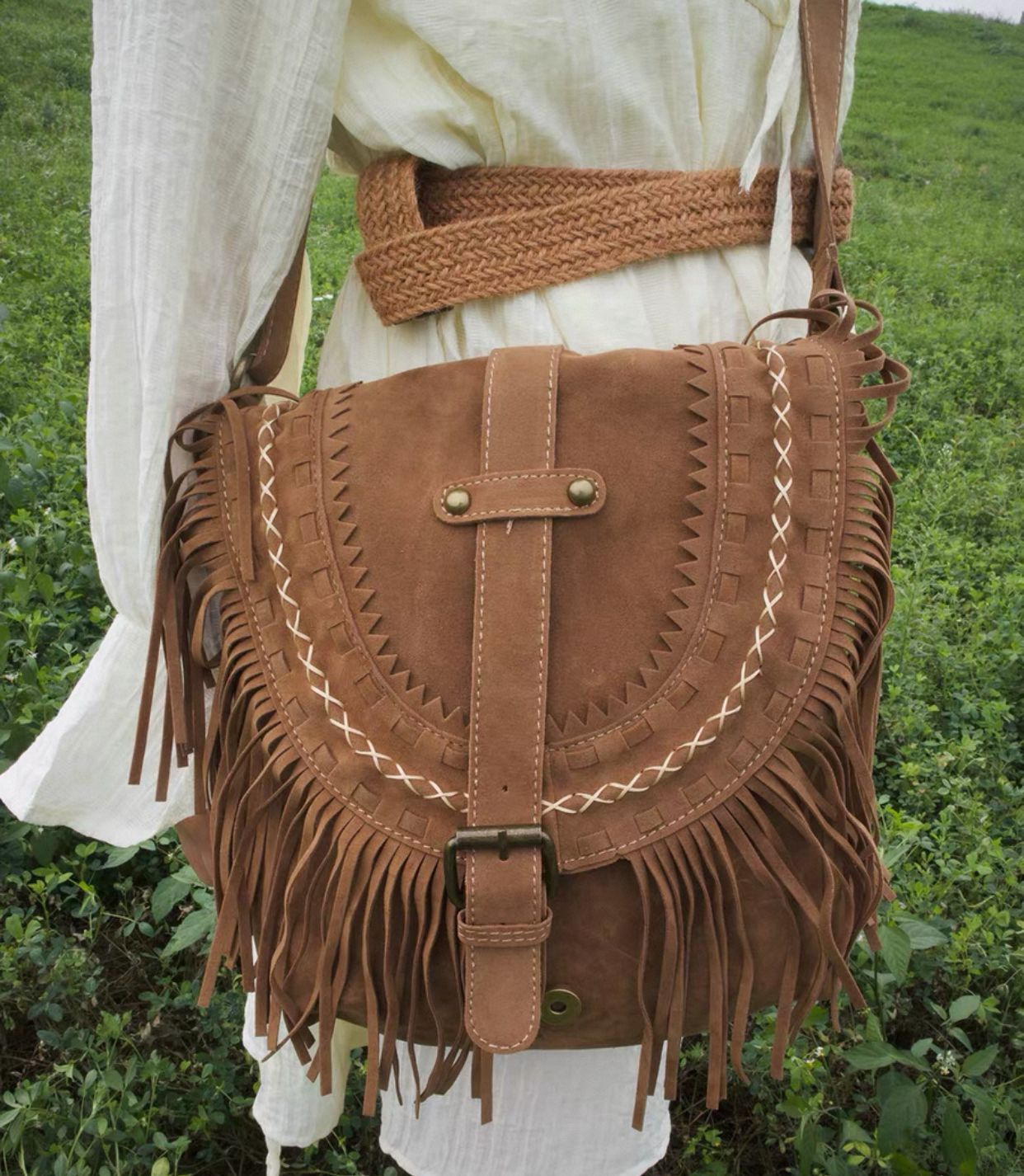 ‏Frosted tassel bag women's Bohemian shoulder bag large