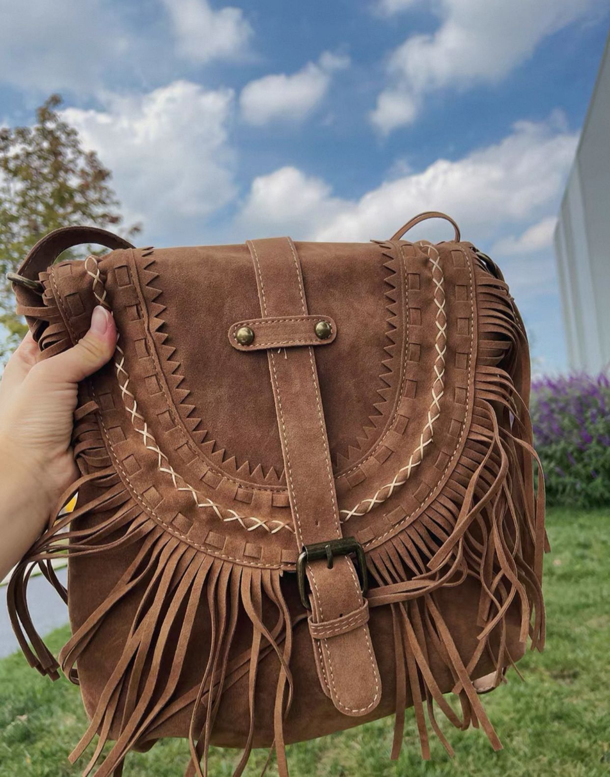 ‏Frosted tassel bag women's Bohemian shoulder bag large